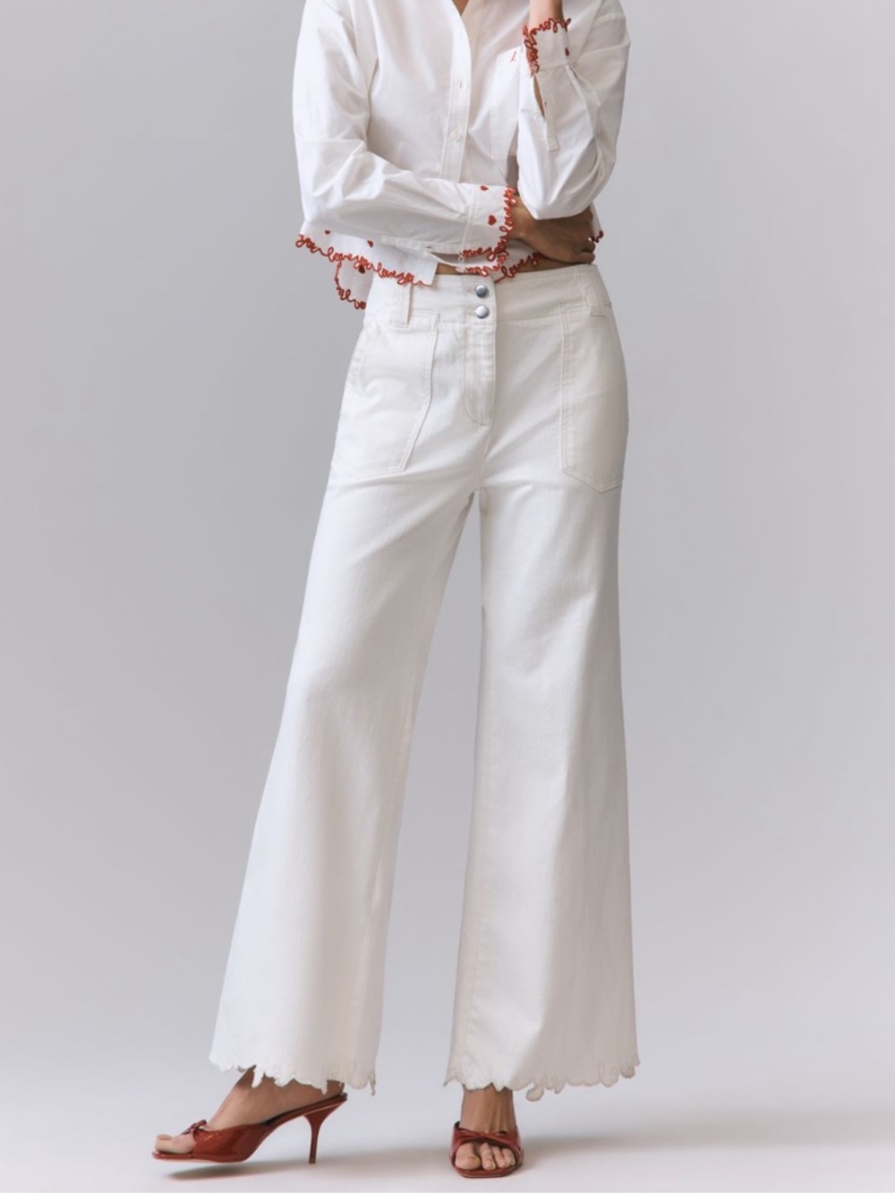 🟤NWT MAEVE Naomi Embroidered High-Rise Crop Wide-Leg Jeans in Cream